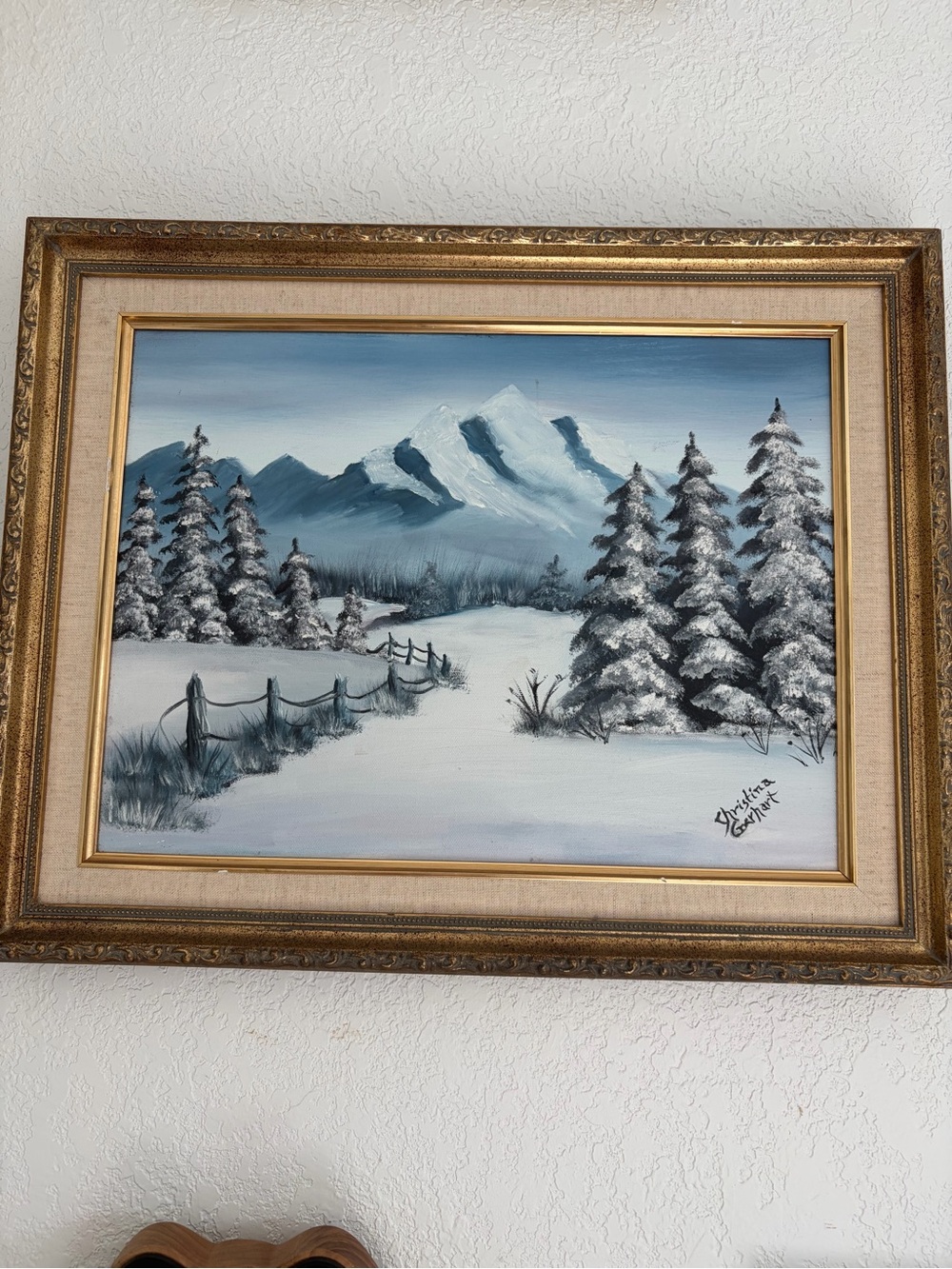 Framed Winter Mountain Painting in Blue and White signed by Christina Goryhart
